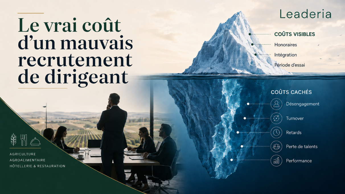 Iceberg illustrant les coûts visibles et cachés d'un mauvais recrutement de dirigeant : honoraires, intégration, désengagement, turnover, perte de talents