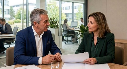 Devenir manager de transition : dirigeant expérimenté échangeant avec une collaboratrice dans un burea
